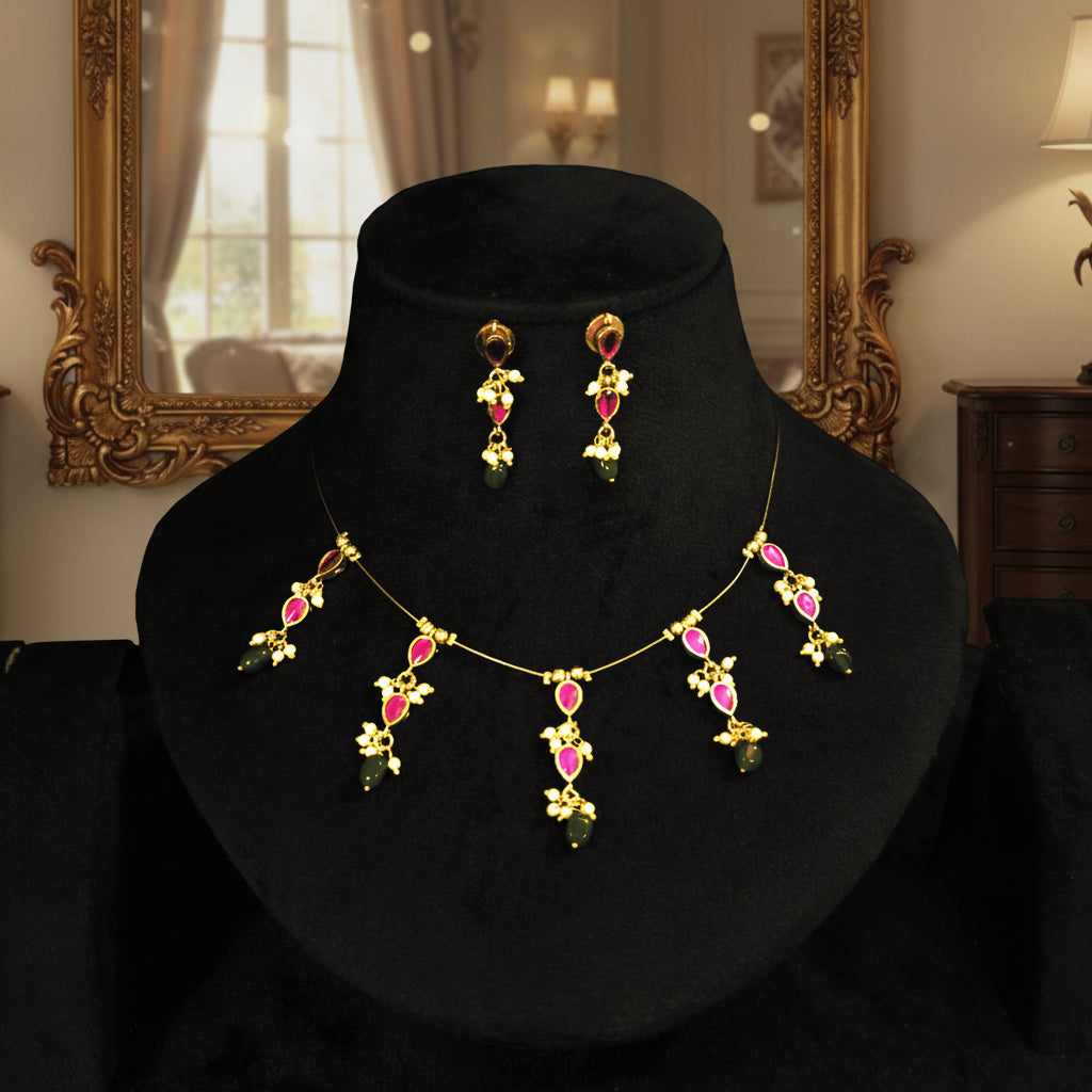 Emerald & Ruby Gold Plated Necklace Set - Traditional Indian Jewelry for Women