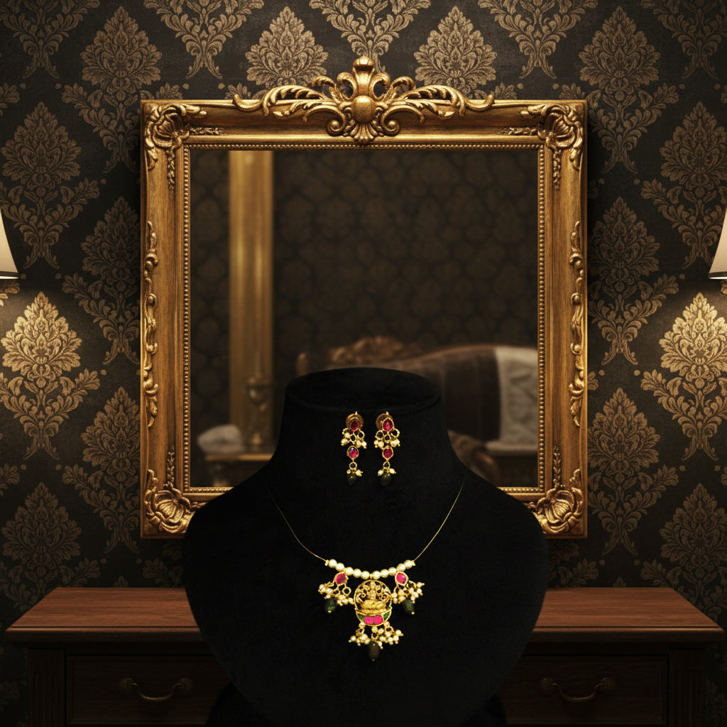 Lakshmi Gold Plated Pearl & Ruby Emerald Necklace Set - Traditional Indian Jewelry