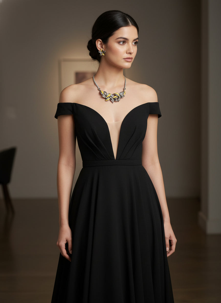 Elegant Off-Shoulder Black Gown with Plunging Neckline - Perfect for Formal Events