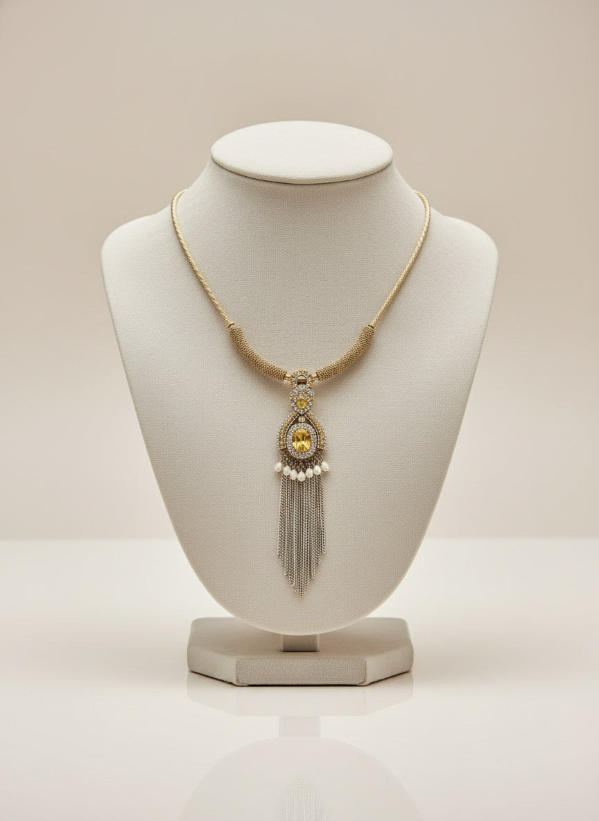Bohemian Tassel Statement Necklace with Yellow Stone & Chain Fringe