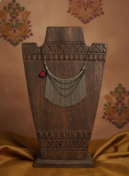 Ethnic Oxidized Gold-Toned Choker Necklace with Tassel & Fringe Detail