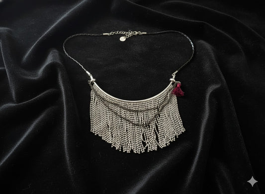 Ethnic Oxidized Gold-Toned Choker Necklace with Tassel & Fringe Detail