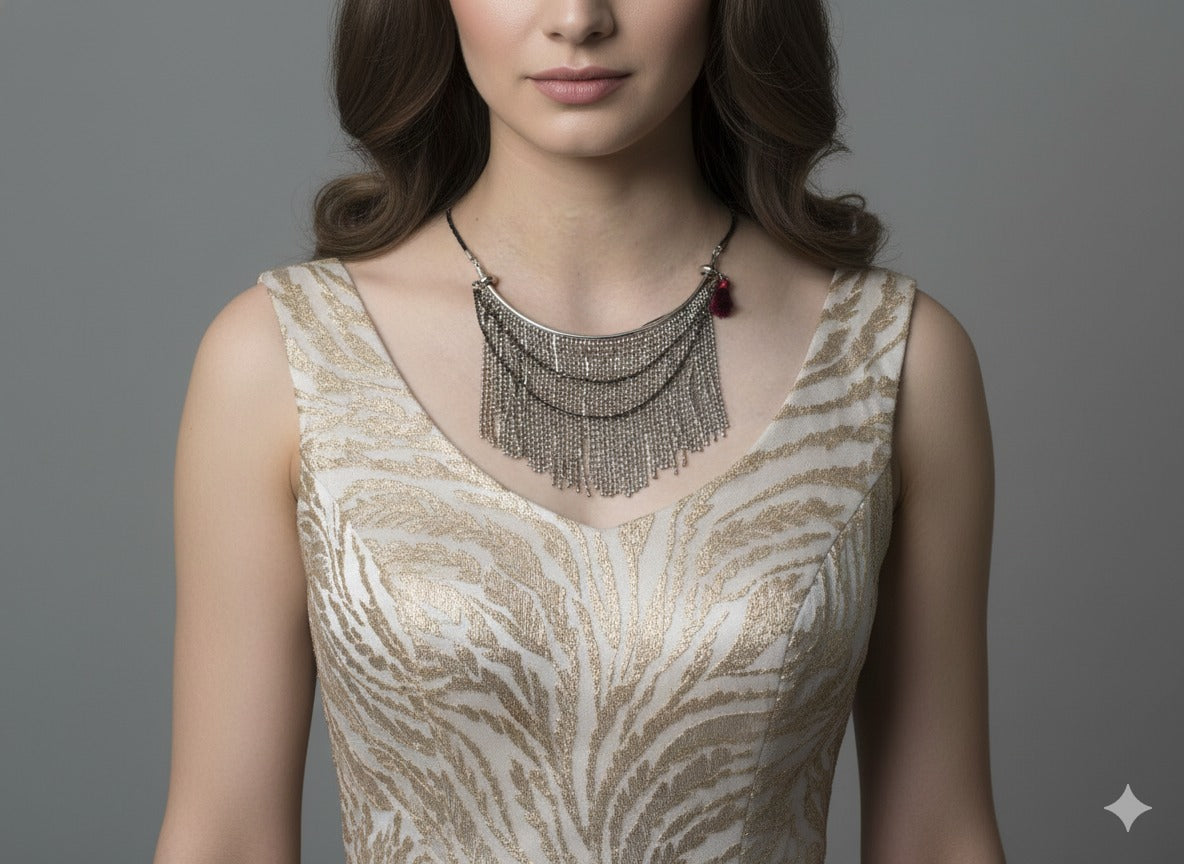 Ethnic Oxidized Gold-Toned Choker Necklace with Tassel & Fringe Detail