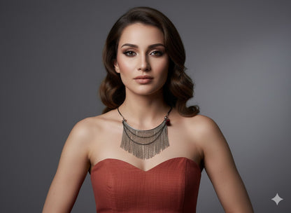 Ethnic Oxidized Gold-Toned Choker Necklace with Tassel & Fringe Detail