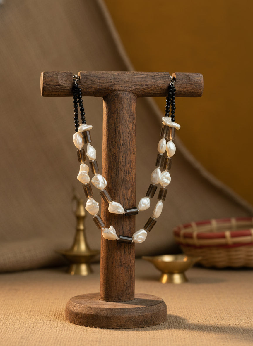 Elegant Pearl & Smoky Quartz Beaded Double-Strand Necklace - Handcrafted Artisan Jewelry