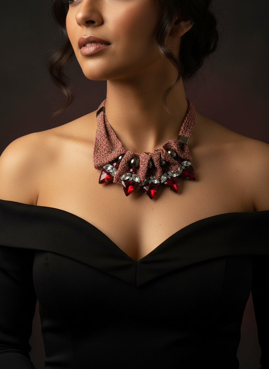 Crimson Elegance Statement Necklace - Handcrafted Textile & Crystal Jewelry