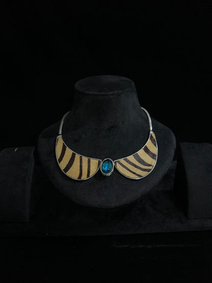 Safari Chic Zebra Print & Blue Topaz Collar Necklace - Unique Statement Jewelry