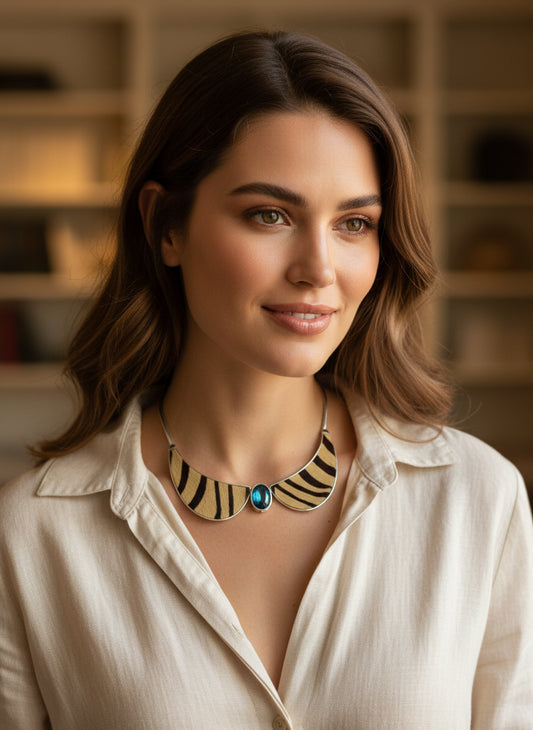 Safari Chic Zebra Print & Blue Topaz Collar Necklace - Unique Statement Jewelry