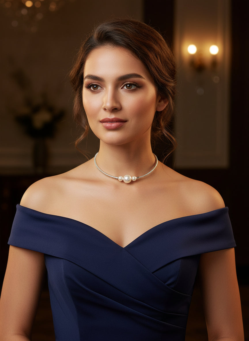 Elegant Off-Shoulder Navy Blue Gown with Pearl Choker Necklace
