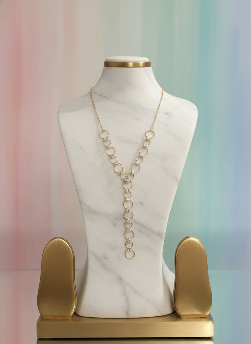 Dazzling Gold-Plated Y-Necklace with Sparkling Pave Circles - Elegant & Adjustable