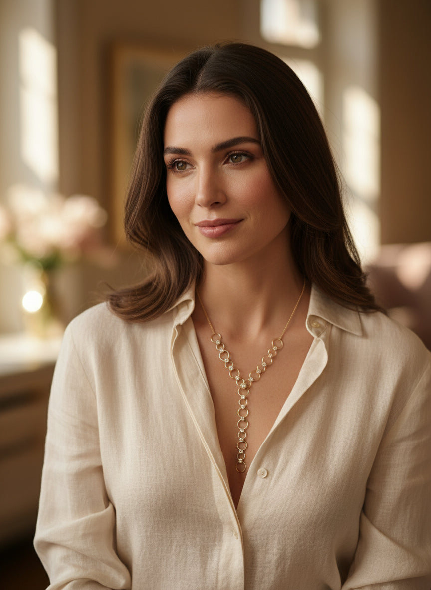 Dazzling Gold-Plated Y-Necklace with Sparkling Pave Circles - Elegant & Adjustable