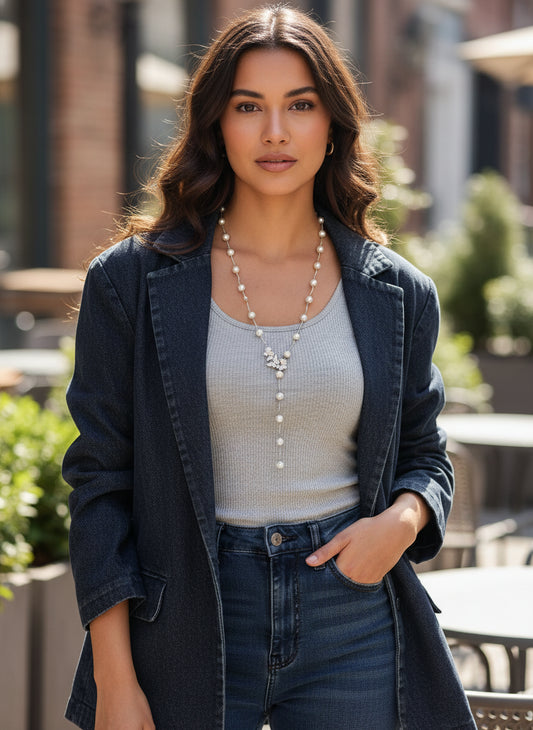 Denim Blazer & Ribbed Tank Top Set - Chic Casual Everyday Outfit