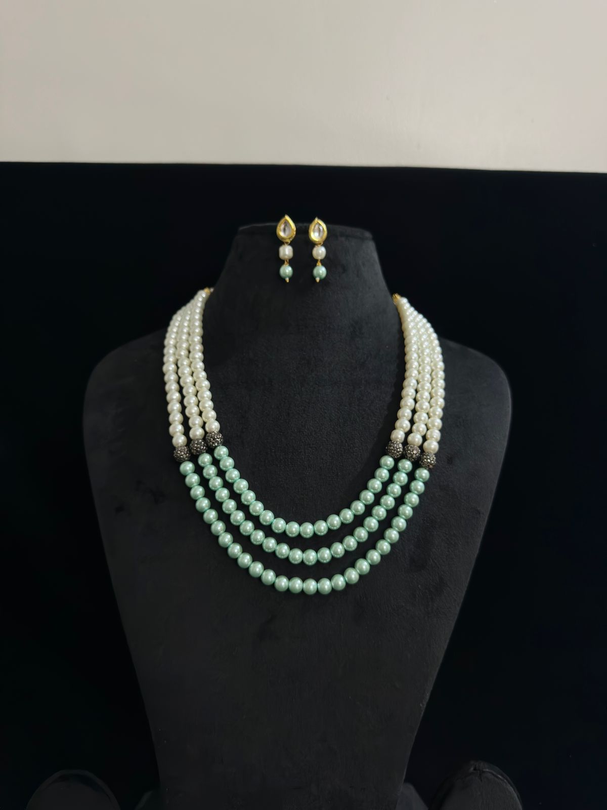 Elegant 3-Layer Pearl Necklace Set with Mint Green & White Pearls – Traditional & Modern