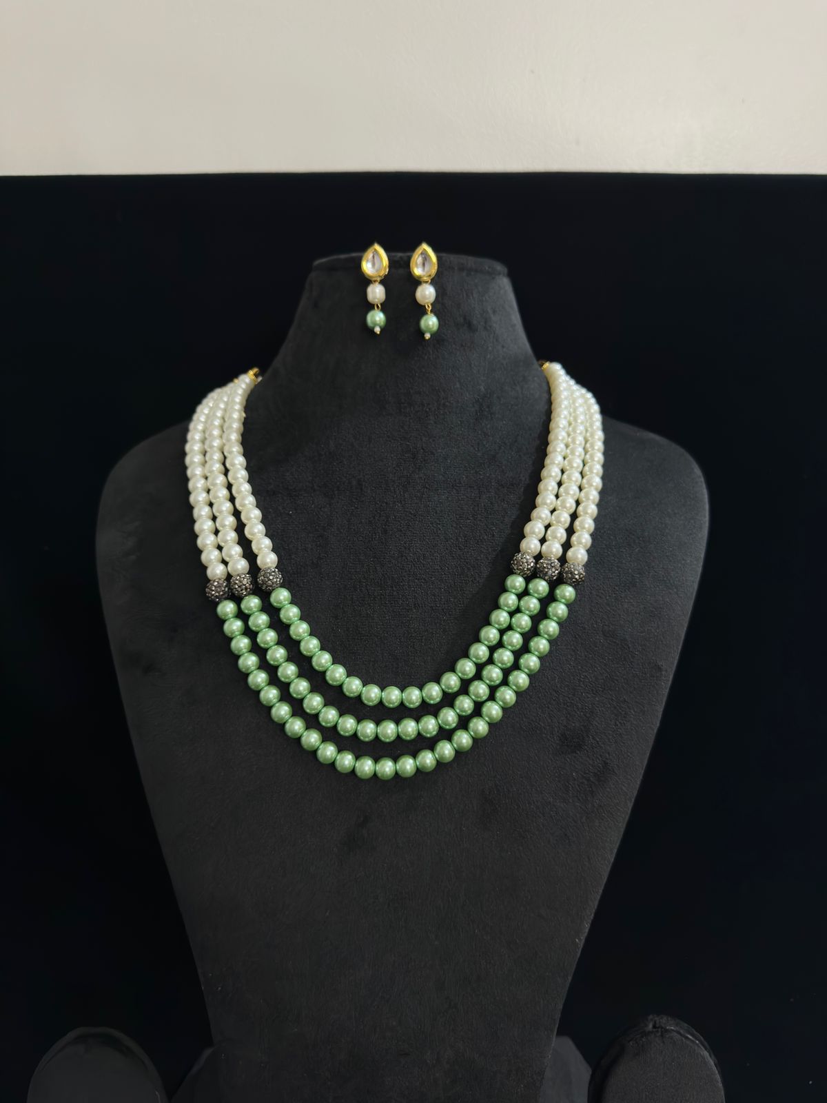 Elegant Multi-Layer Pearl Necklace Set with Green Accents & Earrings | Indian Jewelry
