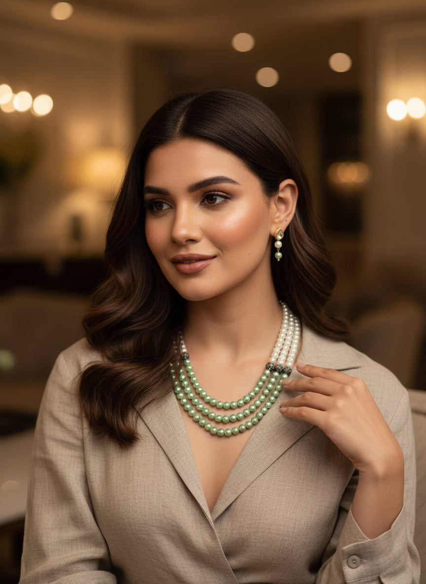 Elegant Multi-Layer Pearl Necklace Set with Green Accents & Earrings | Indian Jewelry
