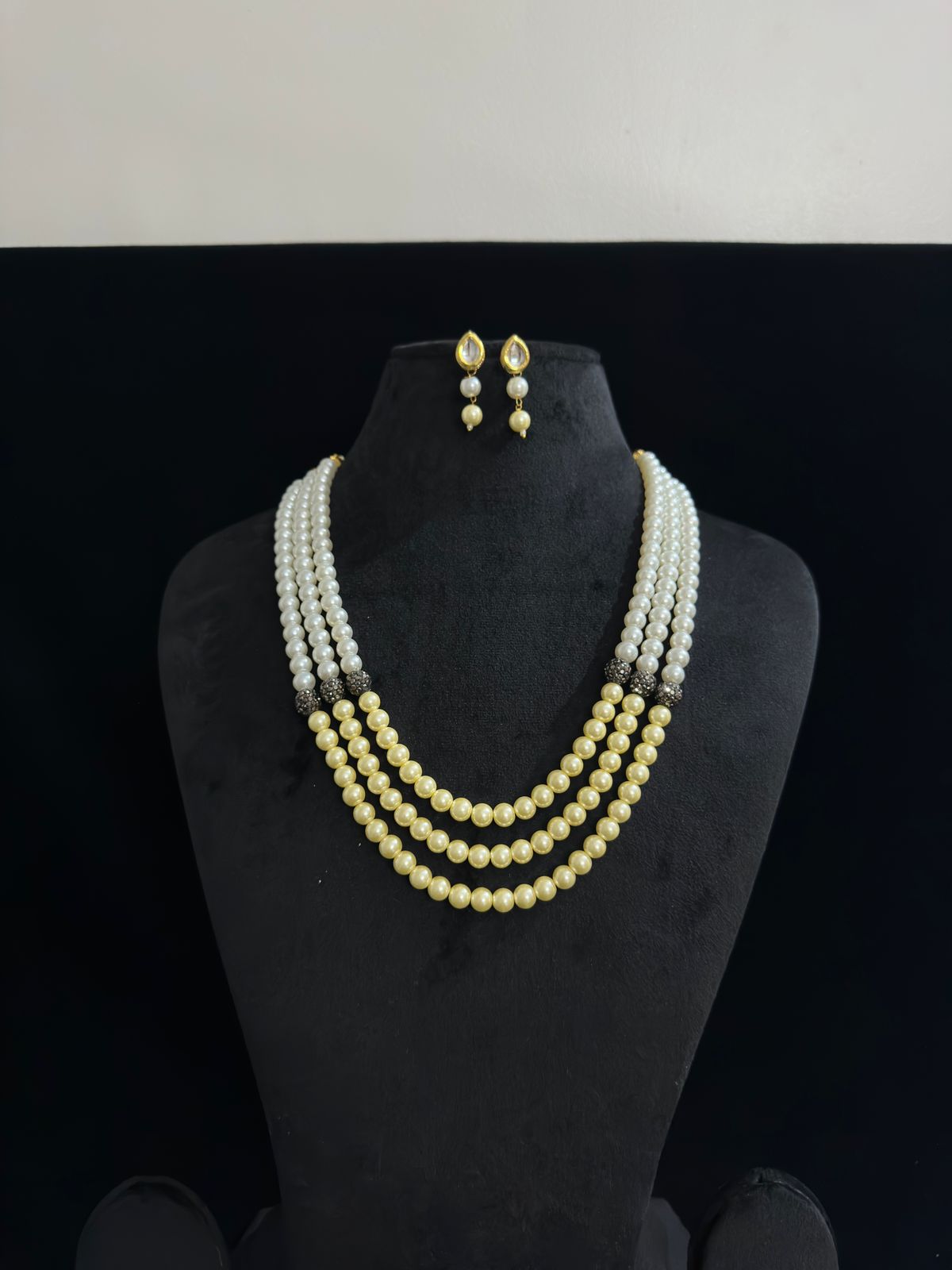 Elegant Multi-Layer Pearl Necklace Set with Matching Earrings - White & Golden Tones