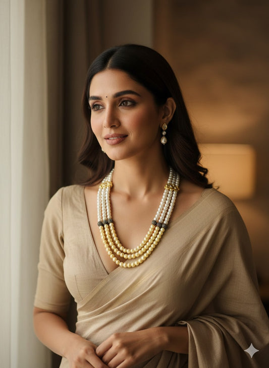 Elegant Multi-Layer Pearl Necklace Set with Matching Earrings - White & Golden Tones