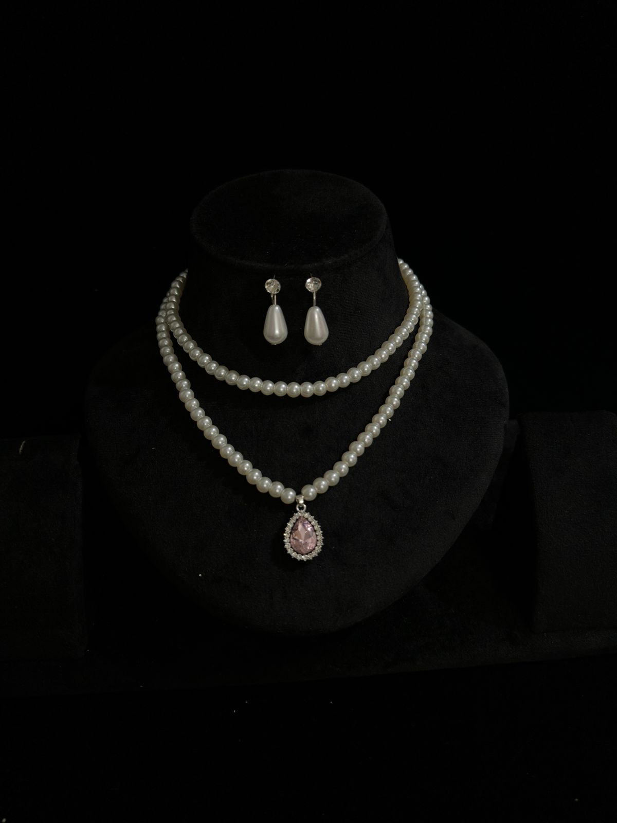 Elegant Double-Layer Pearl Necklace Set with Pink Teardrop Pendant & Matching Earrings