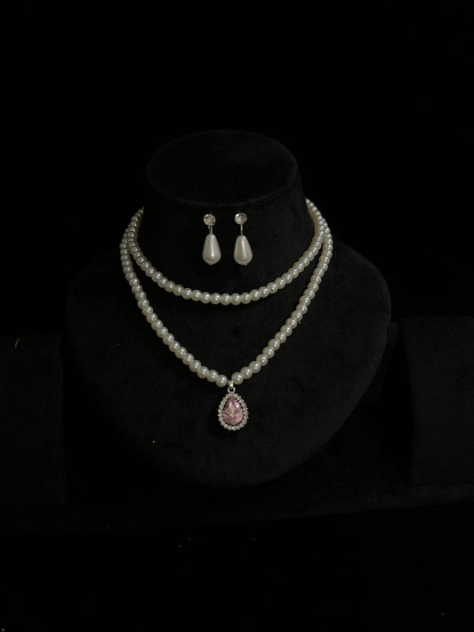 Elegant Double-Layer Pearl Necklace Set with Pink Teardrop Pendant & Matching Earrings