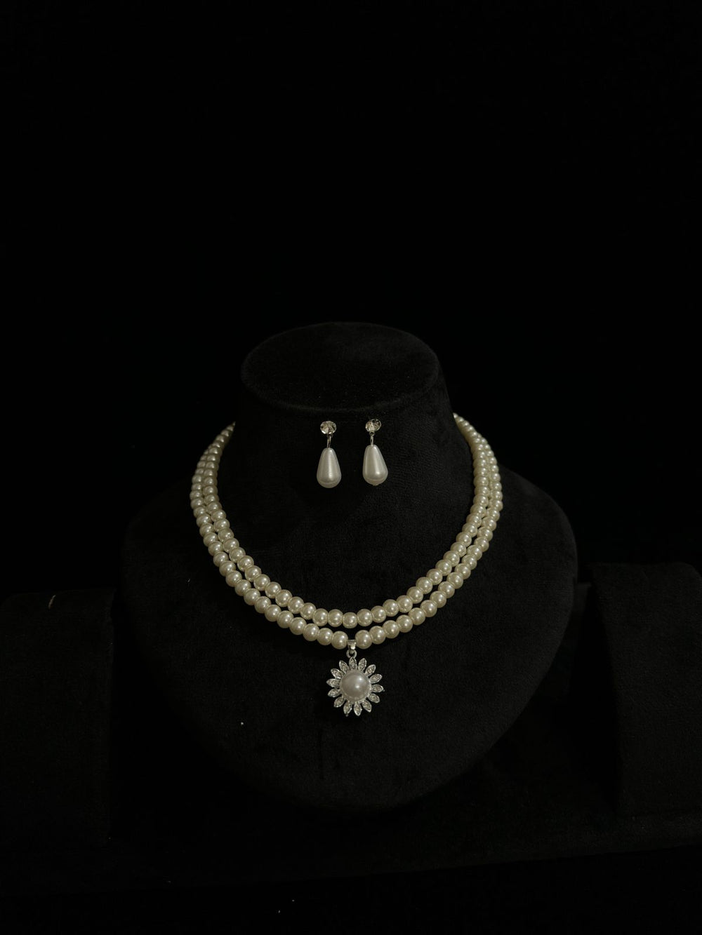 Elegant Double-Strand Pearl Necklace & Dangle Earring Set with Crystal Flower Pendant