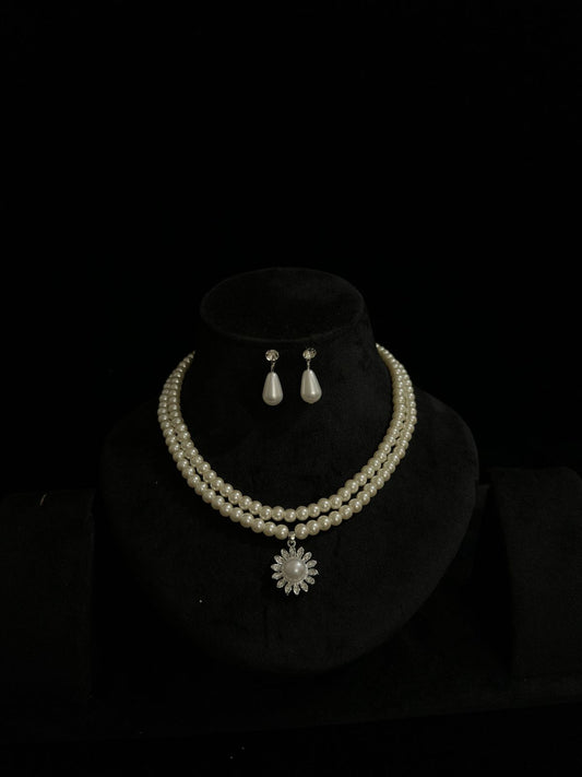 Elegant Double-Strand Pearl Necklace & Dangle Earring Set with Crystal Flower Pendant