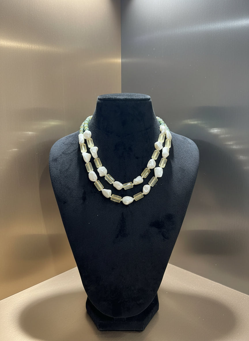 Freshwater Pearl & Lemon Quartz Double-Strand Necklace - Elegant & Unique