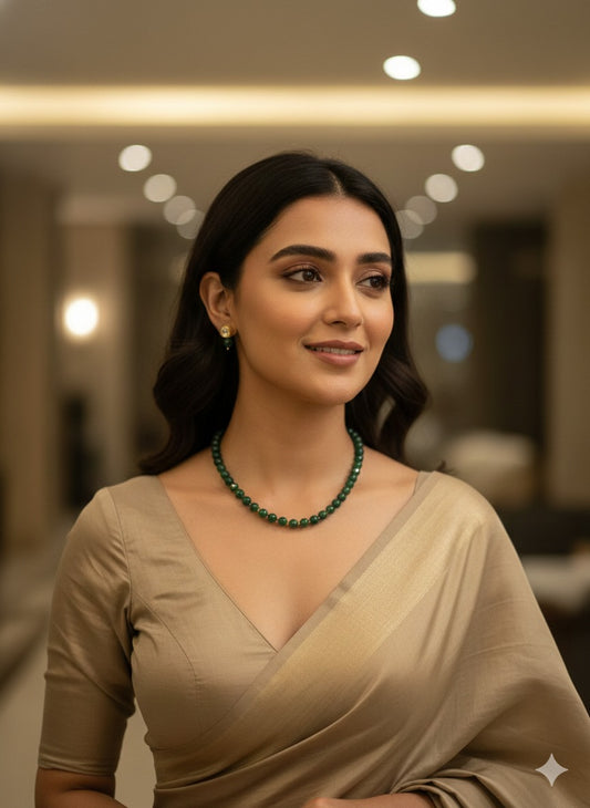 Emerald Green Beaded Necklace & Earring Set - Gold Plated, Traditional Indian Jewelry