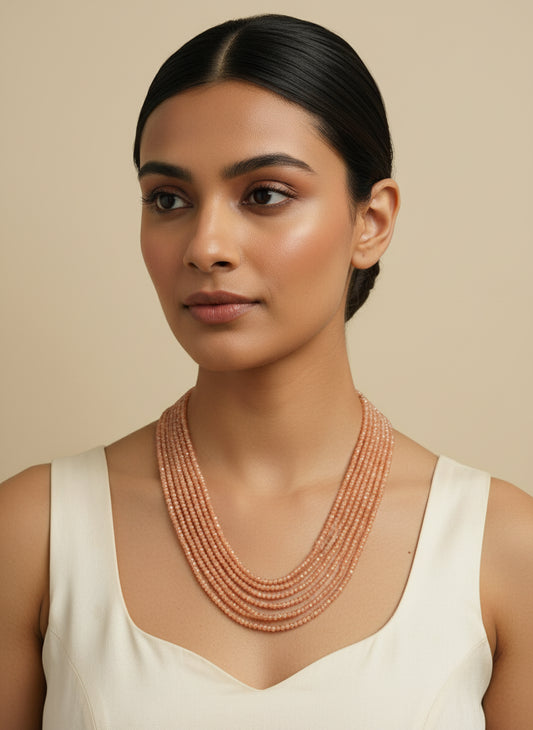 Elegant Multi-Layered Peach Gemstone Beaded Necklace for Women - Adjustable & Versatile