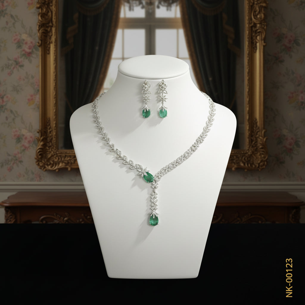 Emerald & Diamond Teardrop Necklace & Earring Set - Sterling Silver