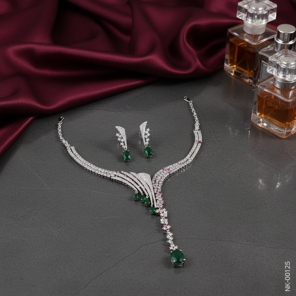 Emerald & Diamond-Look Necklace Set – Bridal/Party Wear
