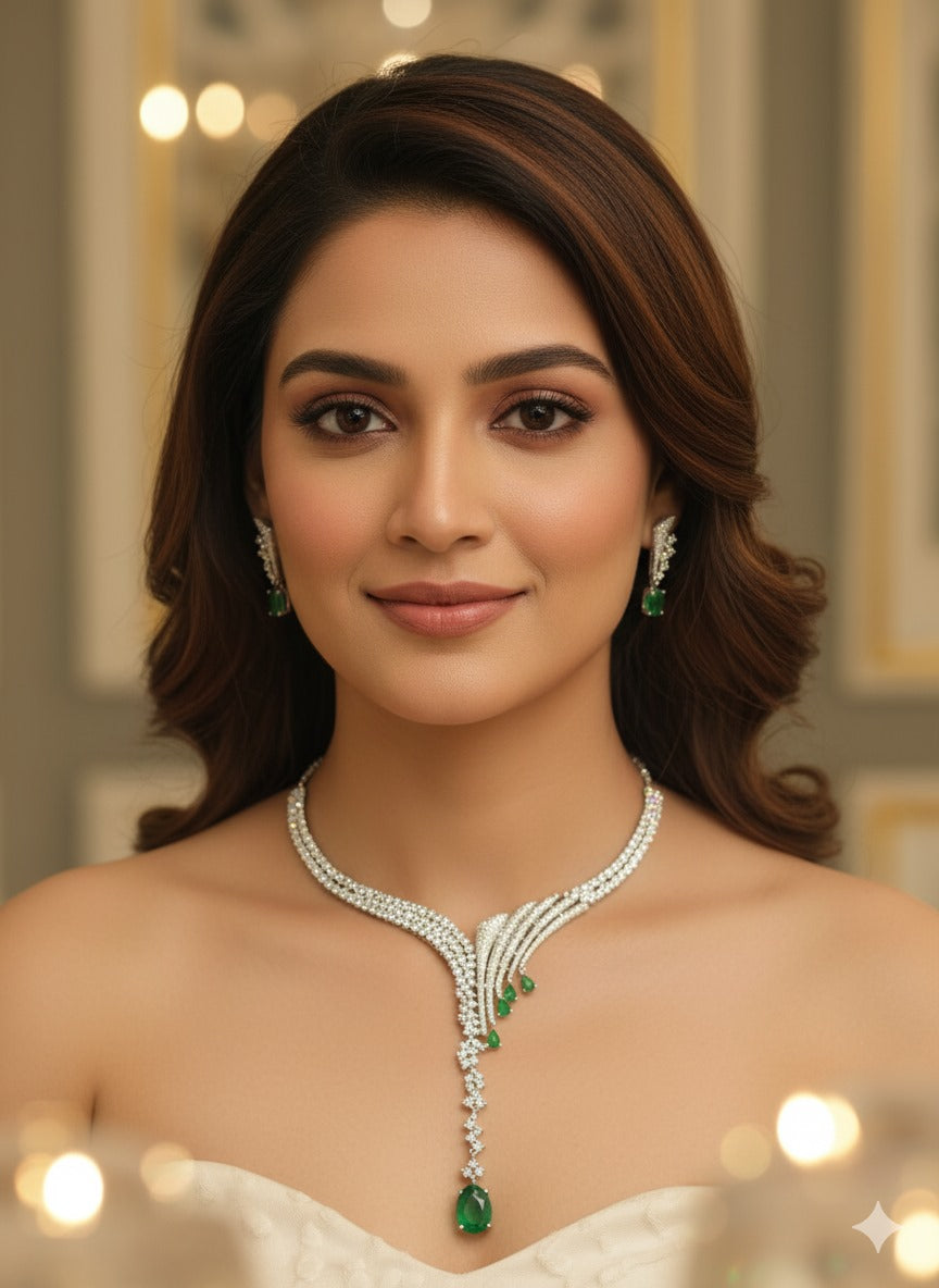 Emerald & Diamond-Look Necklace Set – Bridal/Party Wear