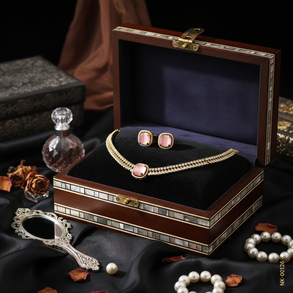 Elegant Mother of Pearl Inlaid Wooden Jewelry Box with Pink Gemstone Set