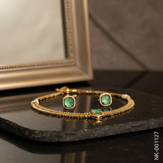 Emerald Green Gemstone Gold-Plated Bracelet & Earring Set - Elegant & Timeless Jewelry