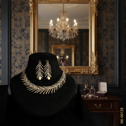 Elegant Feather Leaf Diamond Necklace & Earring Set - Gold Plated Statement Jewelry