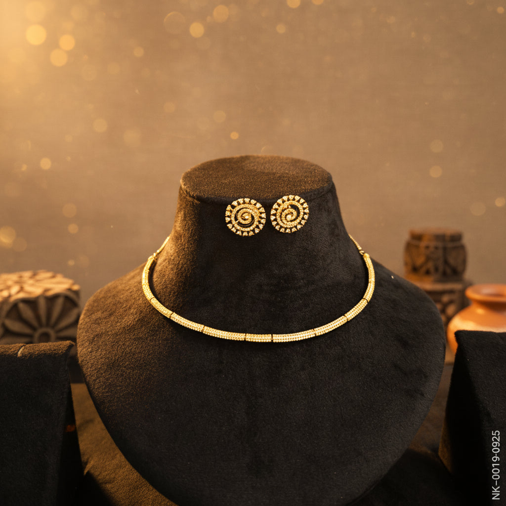 Elegant Gold Plated Choker Necklace & Stud Earrings Set - Classic Pave Design