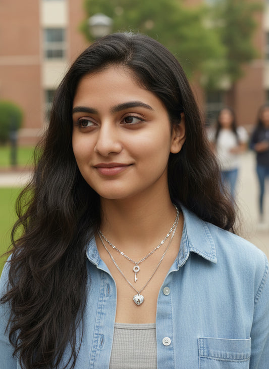 Silver Layered Key & Heart Locket Necklace Set - Dainty Everyday Jewelry