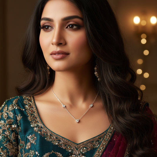 Shimmering Solitaire Diamond Station Necklace - Sterling Silver & White Gold Plated