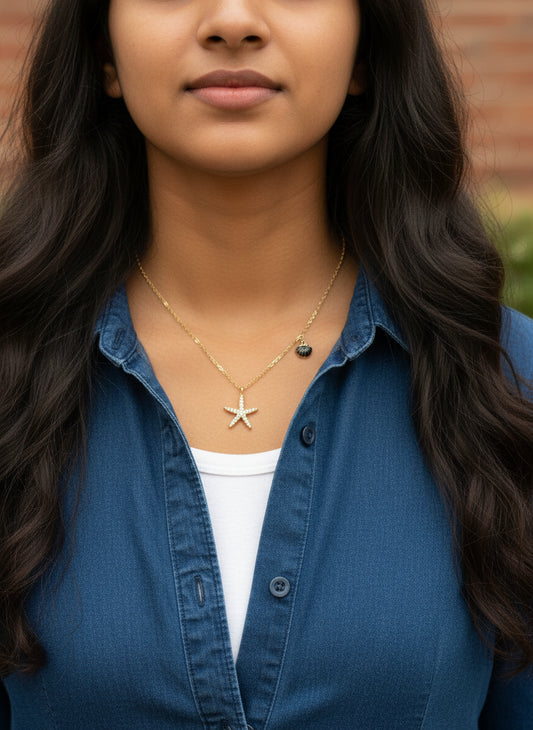 Sparkling Starfish & Black Beaded Charm Gold Necklace