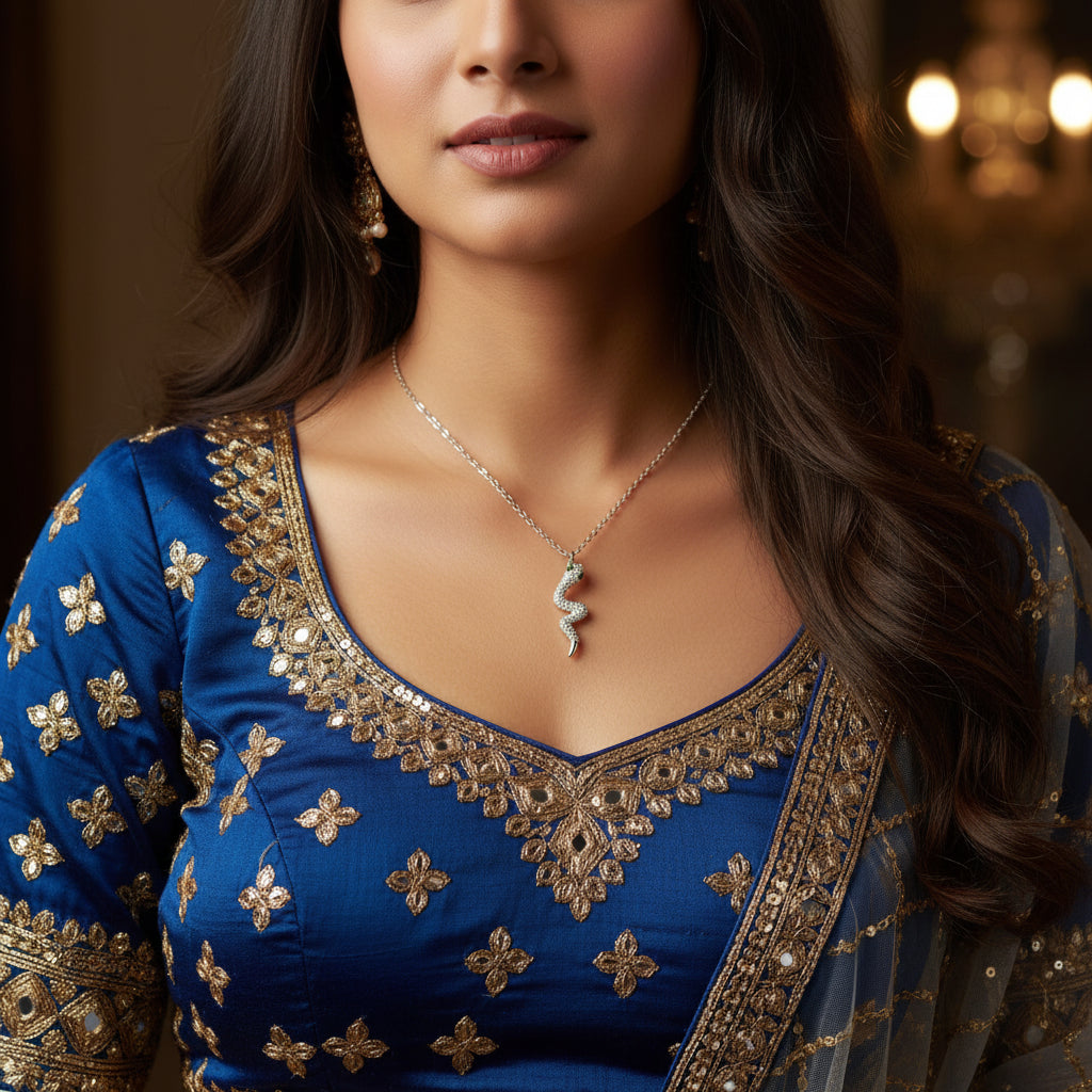 Elegant Diamond Serpent Pendant Necklace - 18K White Gold Plated Sterling Silver