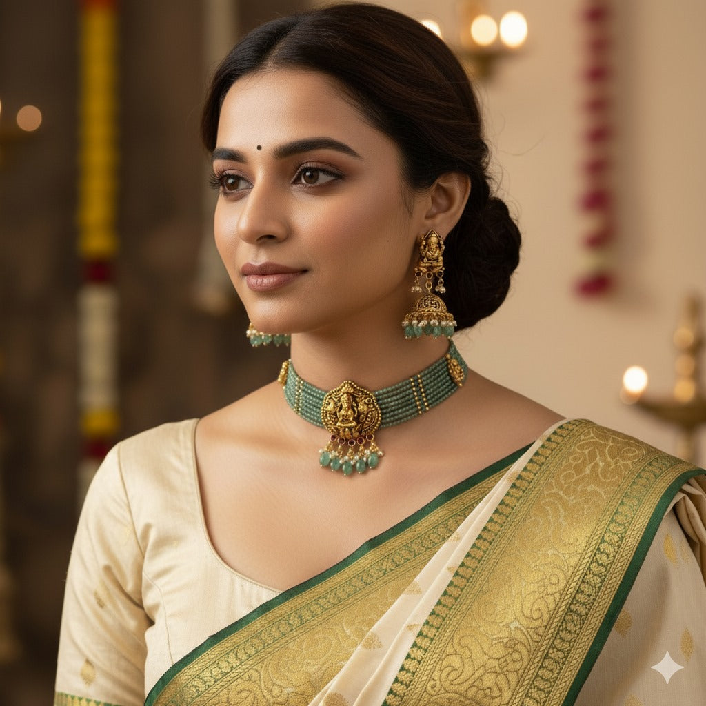 Emerald Bead Choker Necklace Set with Lakshmi Pendant & Jhumka Earrings