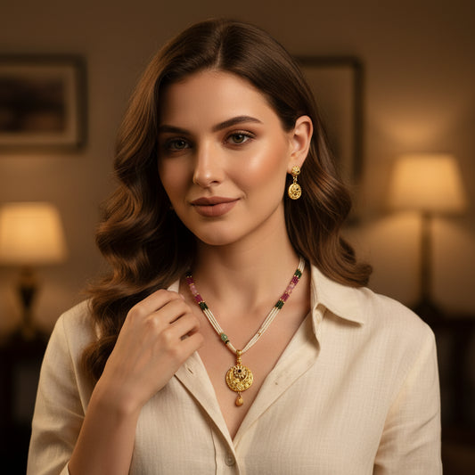 Exquisite Gold Plated Pearl & Gemstone Necklace Set with Matching Earrings