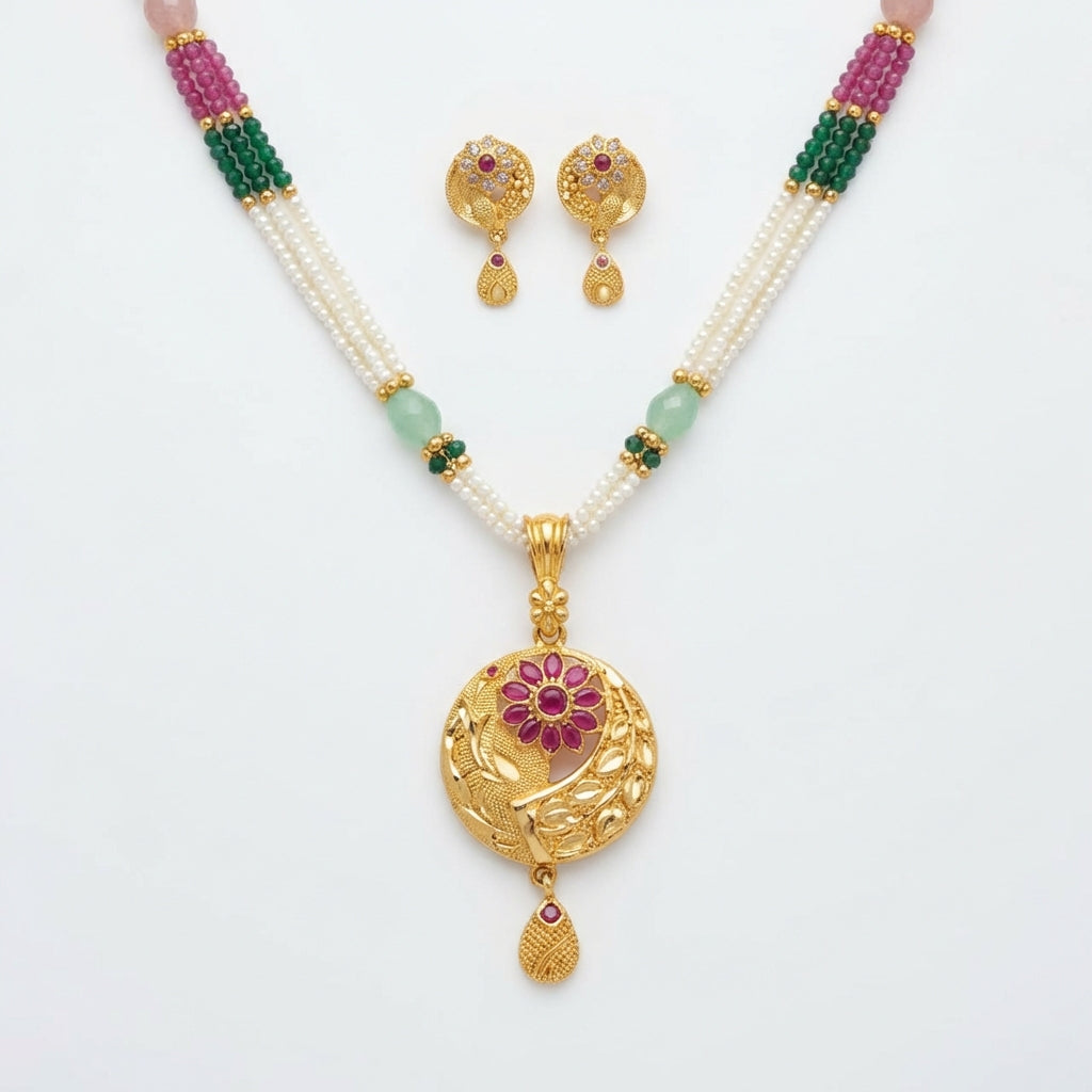 Exquisite Gold Plated Pearl & Gemstone Necklace Set with Matching Earrings