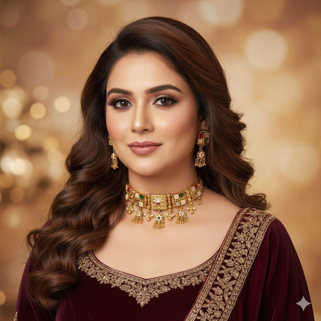 Exquisite Gold-Plated Kundan & Emerald Choker Necklace Set with Earrings | Indian Ethnic Jewelry