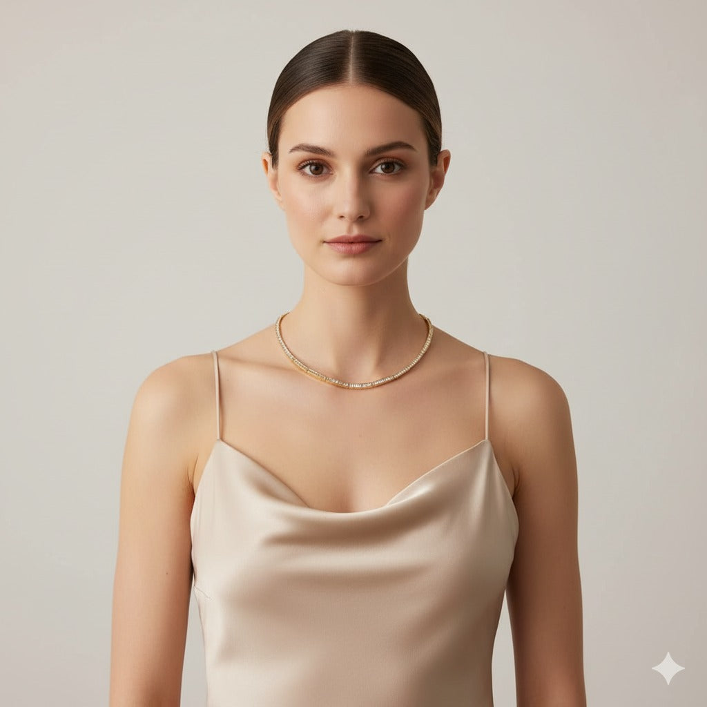 Dazzling 18K Gold Baguette Diamond Tennis Necklace - Elegant & Timeless