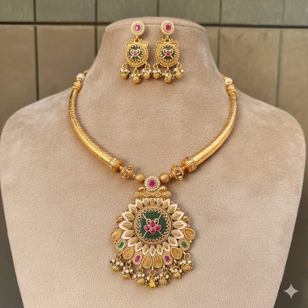 Regal Gold-Plated Emerald & Ruby Medallion Necklace Set - Traditional Indian Jewelry