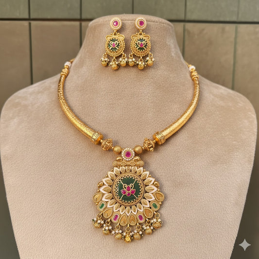 Regal Gold-Plated Emerald & Ruby Medallion Necklace Set - Traditional Indian Jewelry