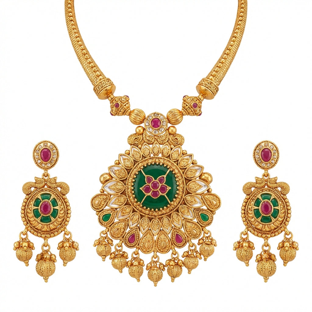 Regal Gold-Plated Emerald & Ruby Medallion Necklace Set - Traditional Indian Jewelry