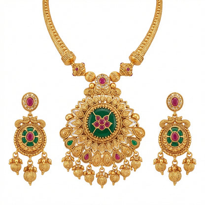 Regal Gold-Plated Emerald & Ruby Medallion Necklace Set - Traditional Indian Jewelry