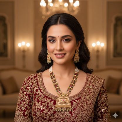 Kundan & Emerald Bridal Necklace Set with Gold Plating - Traditional Indian Jewelry