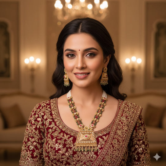 Kundan & Emerald Bridal Necklace Set with Gold Plating - Traditional Indian Jewelry